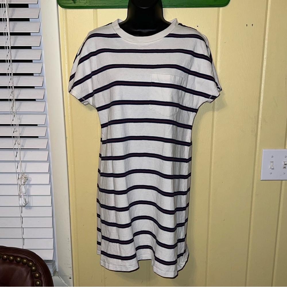 Madewell White Tomboy Pocket T-Shirt Cotton Mini Dress Blue Red Striped Size XS - Picture 5 of 13